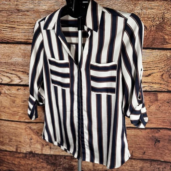Express Navy White Striped Button Blouse  Work Casual Top| M - Picture 5 of 11